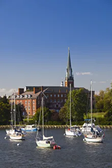 USA, Maryland, Annapolis, yacht marina St. Marys Church from Eastport USA, Maryland, Annapolis, yacht marina St. Marys Church from Eastport
