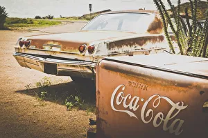 USA, Route 66, details of an old rugged Coca Cola fridge and car, vintage processing USA, Route 66, details of an old rugged Coca Cola fridge and car, vintage processing