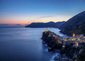 Vernazza at dusk, elevated view, Cinque Terre, UNESCO World Heritage Site, Liguria, Italy Vernazza at dusk, elevated view, Cinque Terre, UNESCO World Heritage Site, Liguria, Italy
