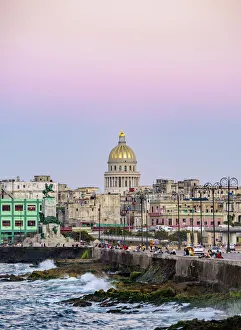 View over El Malecon and Centro Habana towards El Capitolio at dusk, Havana View over El Malecon and Centro Habana towards El Capitolio at dusk, Havana