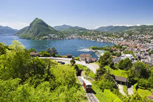 View over Funicular Railway and Lugano from Monte Bre, Lake Lugano, Ticino, Switzerland View over Funicular Railway and Lugano from Monte Bre, Lake Lugano, Ticino, Switzerland