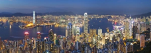 View of Kowloon and Hong Kong Island from Victoria Peak at dusk, Hong Kong View of Kowloon and Hong Kong Island from Victoria Peak at dusk, Hong Kong