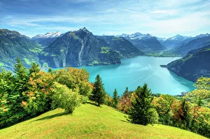 View at Lake Lucerne with Altdorf and Glarner Alps at fall, Unterwalden, Switzerland View at Lake Lucerne with Altdorf and Glarner Alps at fall, Unterwalden, Switzerland