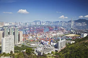 View of Stonecutters Bridge and Hong Kong Island from Tsing Yi, Hong Kong, China View of Stonecutters Bridge and Hong Kong Island from Tsing Yi, Hong Kong, China