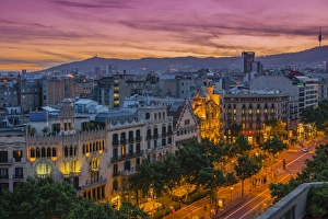 Top view at sunset over Passeig de Gracia with Casa Battlo and Casa Amatller, Barcelona Top view at sunset over Passeig de Gracia with Casa Battlo and Casa Amatller, Barcelona