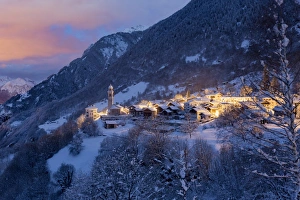 The village of Soglio by nigth after a heavy snowfall, val Bregaglia, Grisons, Switzerland The village of Soglio by nigth after a heavy snowfall, val Bregaglia, Grisons, Switzerland