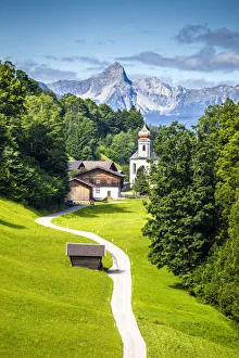 Wamberg village with Mount Zugspitze and Alpspitze on the background, Garmisch Wamberg village with Mount Zugspitze and Alpspitze on the background, Garmisch