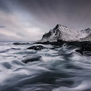 Waves crushing along the coast at Vikten, Lofoten islands, Norway Waves crushing along the coast at Vikten, Lofoten islands, Norway