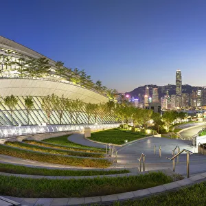 West Kowloon High Speed Rail Station and skyline at dusk, Kowloon, Hong Kong West Kowloon High Speed Rail Station and skyline at dusk, Kowloon, Hong Kong