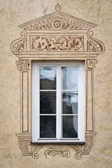 Detail of window and painted facade of house, Ceske Budejovice, South Bohemian Region, Czech Republic Detail of window and painted facade of house, Ceske Budejovice, South Bohemian Region, Czech Republic