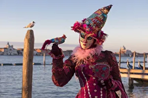 Woman in costume holding a bird at Carnival time and gull on post, Lagoon, Venice Woman in costume holding a bird at Carnival time and gull on post, Lagoon, Venice