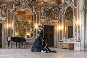 A woman poses in costume during the Venice Carnival inside an ornate palace A woman poses in costume during the Venice Carnival inside an ornate palace