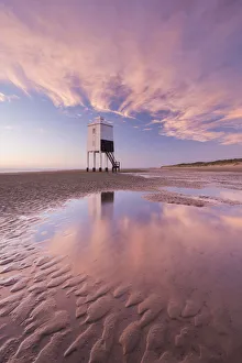 Wooden lighthouse and reflections on Burnham Beach at low tide, Burnham on Sea, Somerset Wooden lighthouse and reflections on Burnham Beach at low tide, Burnham on Sea, Somerset