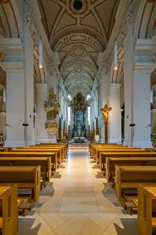 Wooden pews in Cathedral of St. Nicholas, Ceske Budejovice, South Bohemian Region, Czech Republic Wooden pews in Cathedral of St. Nicholas, Ceske Budejovice, South Bohemian Region, Czech Republic