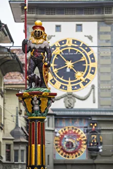 Zahringen fountain & Zytglogge (Clock Tower), Kramgasse, Bern, Berner Oberland Zahringen fountain & Zytglogge (Clock Tower), Kramgasse, Bern, Berner Oberland