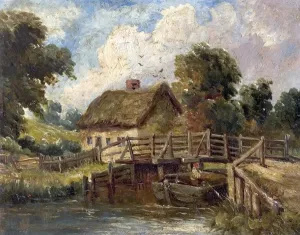 Prints of Artist: British (English). School - Title: Cottage near East Bergholt, Suffolk - Date: N/A - Original Medium and Size: Oil on Canvas 24.8 x 31.8 Suffolk Prints: Print of a small English cottage with thatched roof and garden