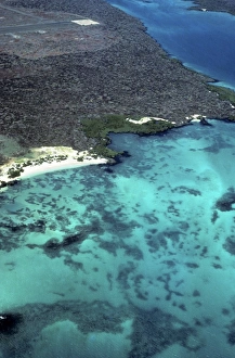 Aerial view of SW corner of Baltra with shallows and end of old WWII runway Aerial view of SW corner of Baltra with shallows and end of old WWII runway
