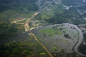 Small town surrounded by flooded tropical rain forest, aerial view, Amazonas, Brazil Small town surrounded by flooded tropical rain forest, aerial view, Amazonas, Brazil