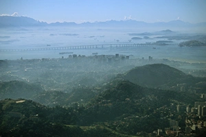View of Rio-Niteroi bridge over Guanabara Bay under fog, Rio de Janeiro, Brazil View of Rio-Niteroi bridge over Guanabara Bay under fog, Rio de Janeiro, Brazil