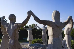 Prints of Spain, Catalonia, Barcelona, Stone sculpture on Montjuic depicting the Catalan national dance the Sardana Dance Prints: Print of Stone sculpture on Montjuic depicting the Sardana dance