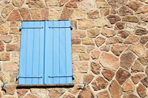 France, Grimaud, Blue window shutters, Domaine de la Cabro D'Or France, Grimaud, Blue window shutters, Domaine de la Cabro D'Or
