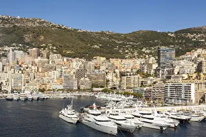 France, Monaco, Yachts moored in Monaco Harbour, Port Hercule, and La Condamine France, Monaco, Yachts moored in Monaco Harbour, Port Hercule, and La Condamine
