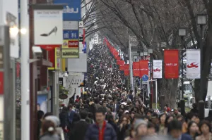 Japan Tokyo Harajuku shoppers crowd on Omotesando-dori street Japan Tokyo Harajuku shoppers crowd on Omotesando-dori street
