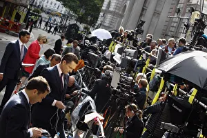 Politics, Media, Communications, Press hoards on gantry in Downing Street during 2017 Politics, Media, Communications, Press hoards on gantry in Downing Street during 2017