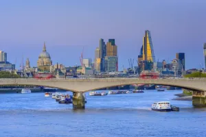 Prints of UK, England, London, City of London Skyline and Waterloo Bridge over River Thames Poster Prints: London City Skyline Print over River Thames