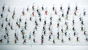 Switzerland Collection: An aerial view of cross country skiers racing over the frozen lake Sils during the