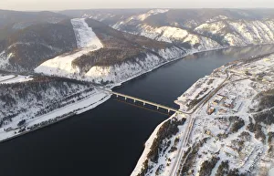 An aerial view shows a bridge of the R257 federal highway across the Yenisei River An aerial view shows a bridge of the R257 federal highway across the Yenisei River