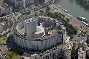 An aerial view shows the National French Radio building next to the Seine River in Paris An aerial view shows the National French Radio building next to the Seine River in Paris