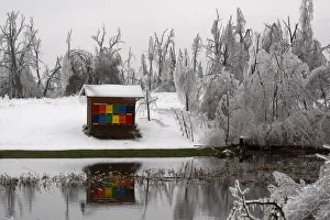 A bee hay is seen surrounded by ice-capped broken trees in Rakitnik A bee hay is seen surrounded by ice-capped broken trees in Rakitnik