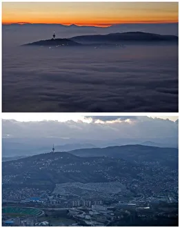 A combination picture shows a Sarajevo TV tower as smog blankets Sarajevo A combination picture shows a Sarajevo TV tower as smog blankets Sarajevo