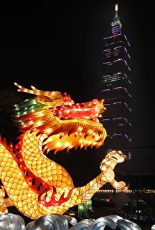 A dragon-shaped lantern is on display in front of Taiwans landmark building Taipei A dragon-shaped lantern is on display in front of Taiwans landmark building Taipei