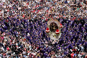 Faithful attend the procession of Senor de Los Milagros ( Lord of Miracles ), Peru's Faithful attend the procession of Senor de Los Milagros ( Lord of Miracles ), Peru's