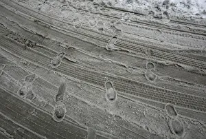 Footprints are left in the slush on a street during a snow storm in downtown New York Footprints are left in the slush on a street during a snow storm in downtown New York