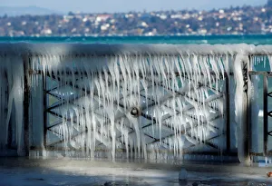 A frozen barrier is seen during a windy winter day near Lake Leman in Geneva A frozen barrier is seen during a windy winter day near Lake Leman in Geneva