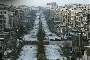A general view shows a damaged street with sandbags used as barriers in Aleppos Saif A general view shows a damaged street with sandbags used as barriers in Aleppos Saif