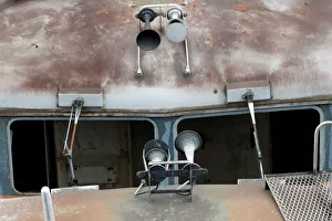 Horns of a train locomotive which is parked at a so-called train cemetery are seen Horns of a train locomotive which is parked at a so-called train cemetery are seen