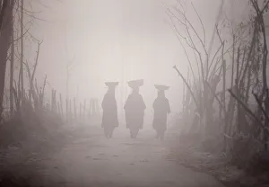 Kashmiri women carry baskets on their heads as they walk along the road amid dense fog Kashmiri women carry baskets on their heads as they walk along the road amid dense fog
