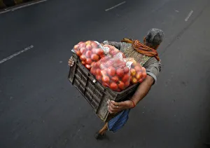 A labourer carrying tomatoes walks along a roadside near a wholesale vegetable market A labourer carrying tomatoes walks along a roadside near a wholesale vegetable market