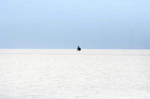 A man rides a bicycle on the surface of the worlds largest salt flat, the Salar de Uyuni A man rides a bicycle on the surface of the worlds largest salt flat, the Salar de Uyuni