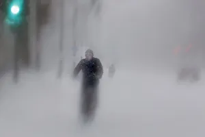 A man rides his bike up Beacon Street during a blizzard in Boston A man rides his bike up Beacon Street during a blizzard in Boston