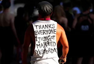 A participant wears a shirt bearing a message regarding same-sex marriage as he prepares A participant wears a shirt bearing a message regarding same-sex marriage as he prepares