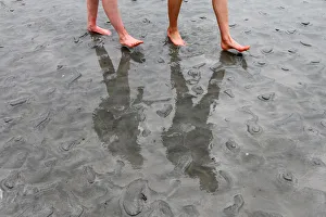 People cast shadows on the sand as they walk at low tide around the Mont Saint-Michel People cast shadows on the sand as they walk at low tide around the Mont Saint-Michel