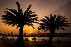 People mingle at Odaiba beach as sun sets over Tokyo Bay in Tokyo People mingle at Odaiba beach as sun sets over Tokyo Bay in Tokyo