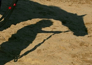 Images Dated 15th July 2005: A shadow of horse and stable assistant is cast on the ground inside Tuen Mun Public