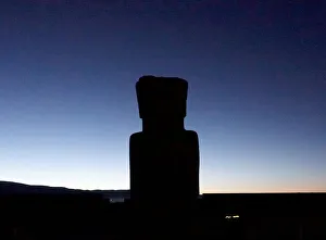 The silhouette of the Ponce Monolith is seen at the Tiahuanaco ruins the day that marks The silhouette of the Ponce Monolith is seen at the Tiahuanaco ruins the day that marks