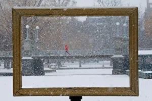 Snow falls through a picture frame in the Boston Public Garden during a winter storm in Snow falls through a picture frame in the Boston Public Garden during a winter storm in